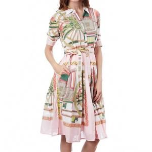 Pink Printed Midi Shirt Dress with Tie Waist and Green Accents